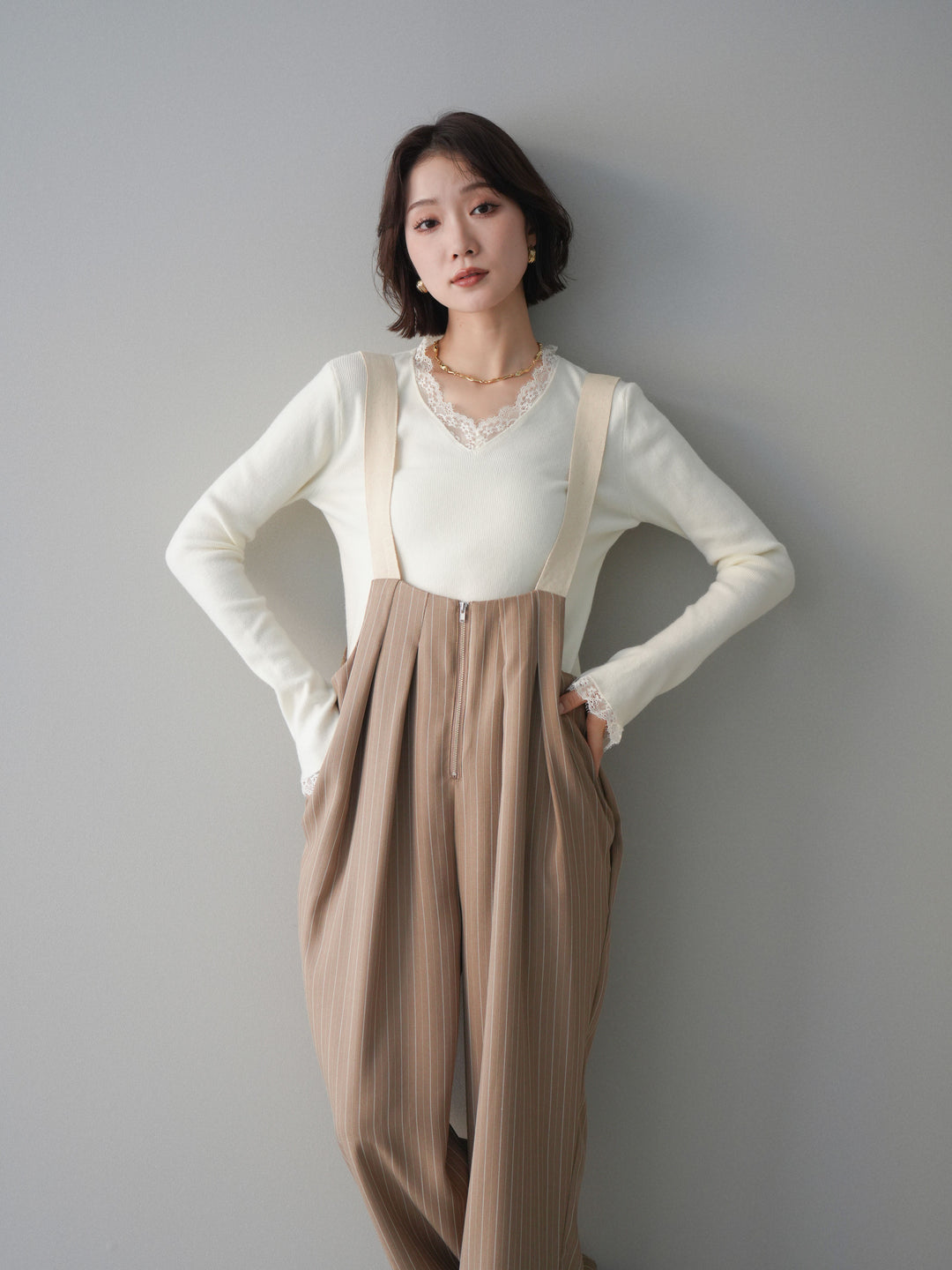 [SET]レースドッキングVネックニットトップス+レースドッキングVネックニットトップス(2set)