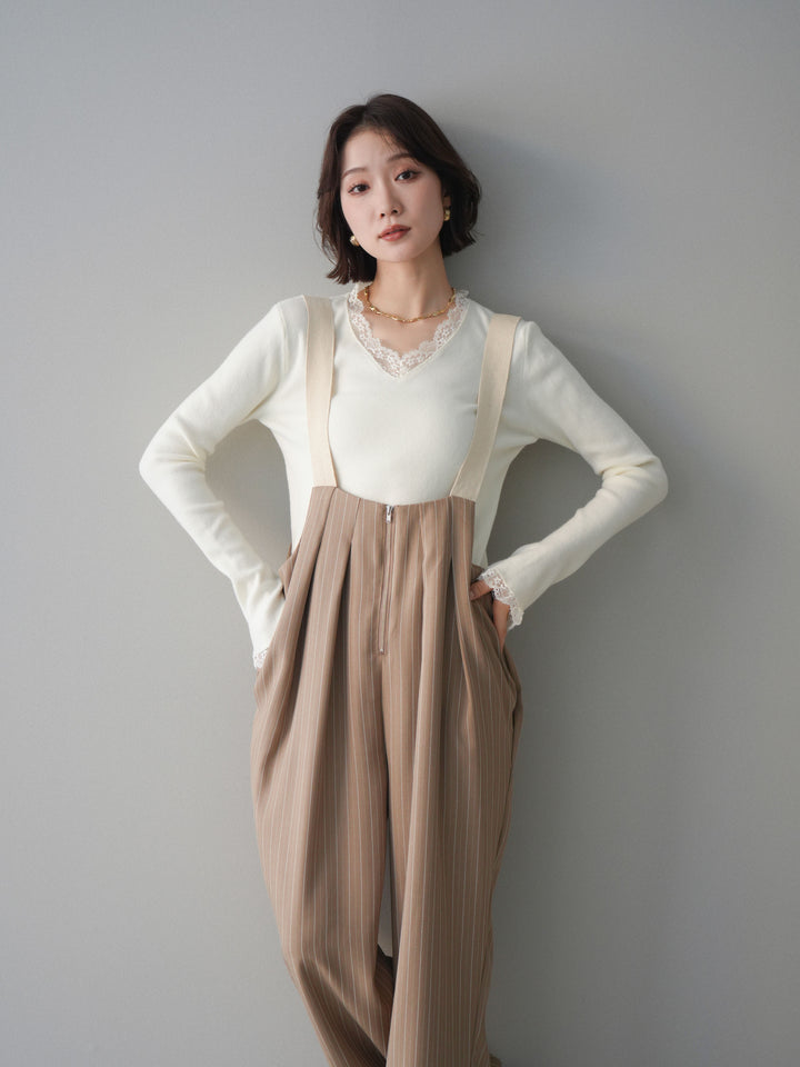 [SET]レースドッキングVネックニットトップス+レースドッキングVネックニットトップス(2set)