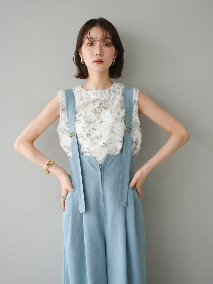 [SET]ストリングデザインハイウエストサロペット+ニュアンスフリンジジャガードノースリーブブラウス(2set)