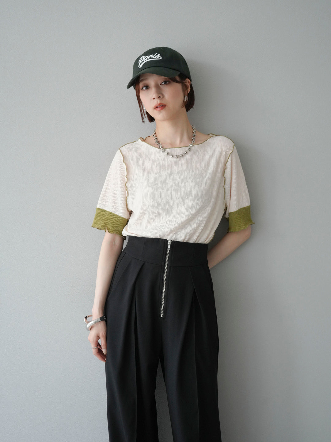 [SET] 百褶同色船領套頭衫 + 拉鍊褶襉寬褲 (2 套)