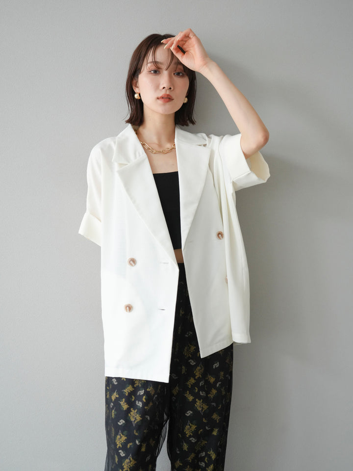 [SET]リネンライクハーフテーラードジャケット+コード刺繍チュールレイヤードパンツ(2set)