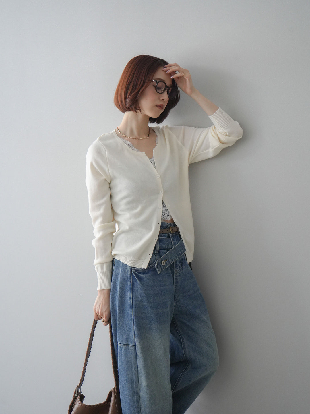 [SET]レースレイヤードニットカーディガン+アシメデザインワイドデニムパンツ(2set)