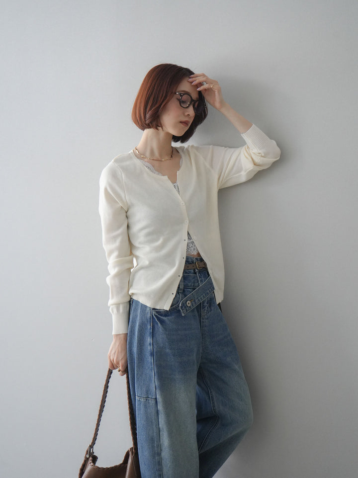 [SET]レースレイヤードニットカーディガン+アシメデザインワイドデニムパンツ(2set)