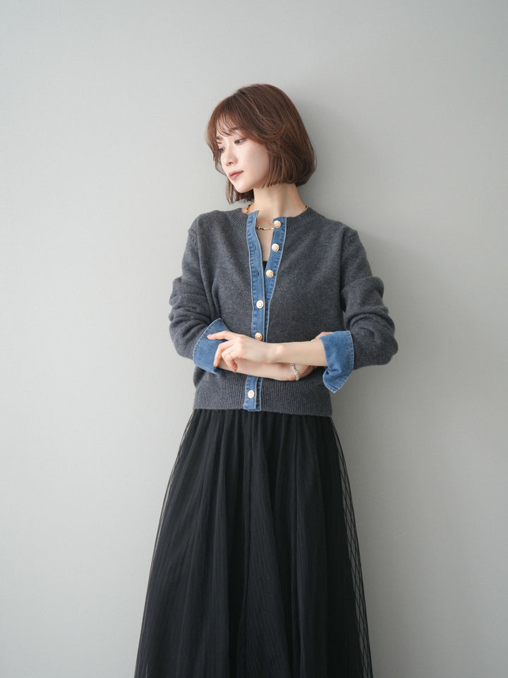 [SET]クルーネックデニムドッキングニットカーディガン+選べるアクセセット(2set)