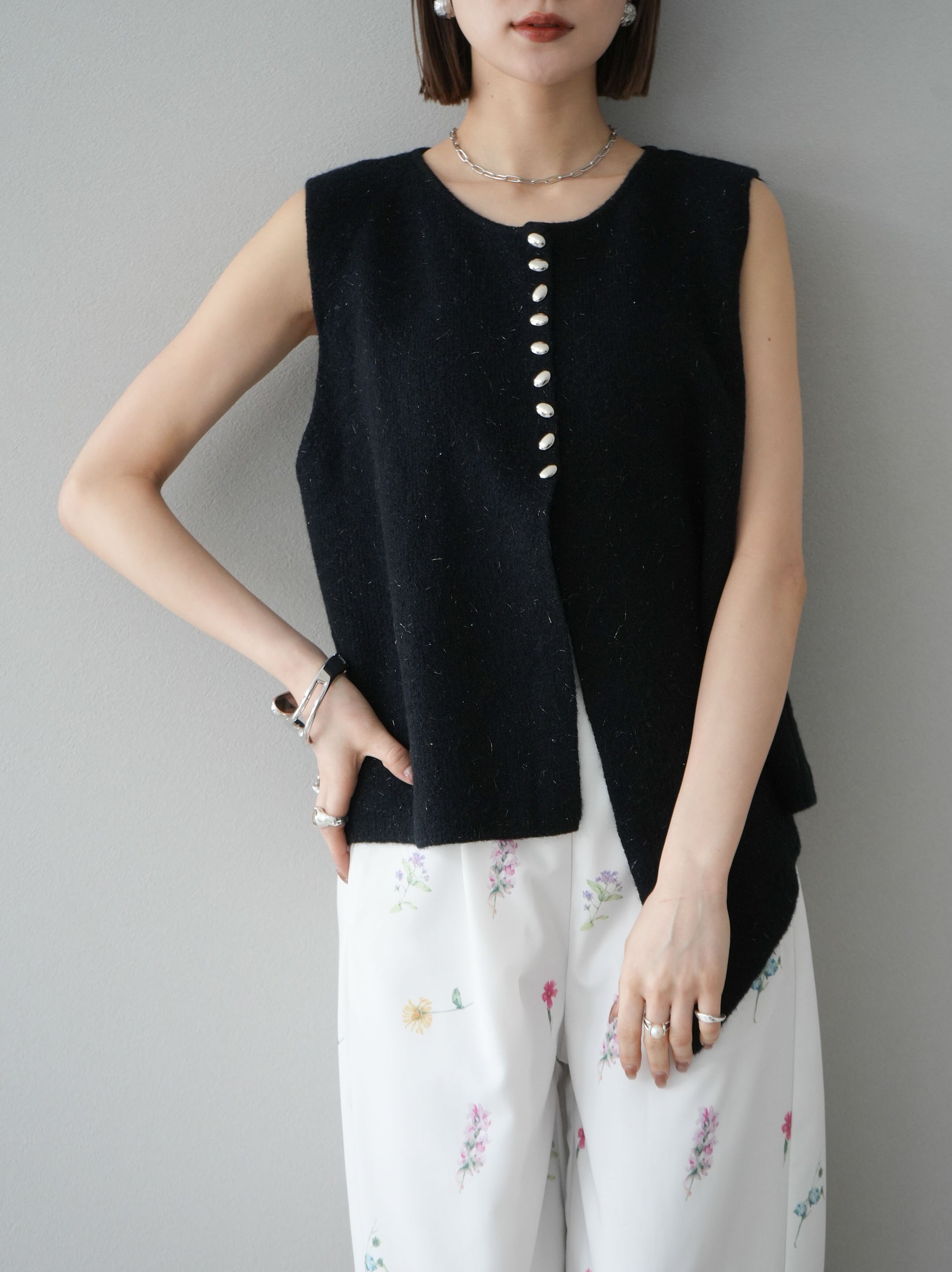 SET]アシンメトリースリットラメニットベスト+フラワーアート