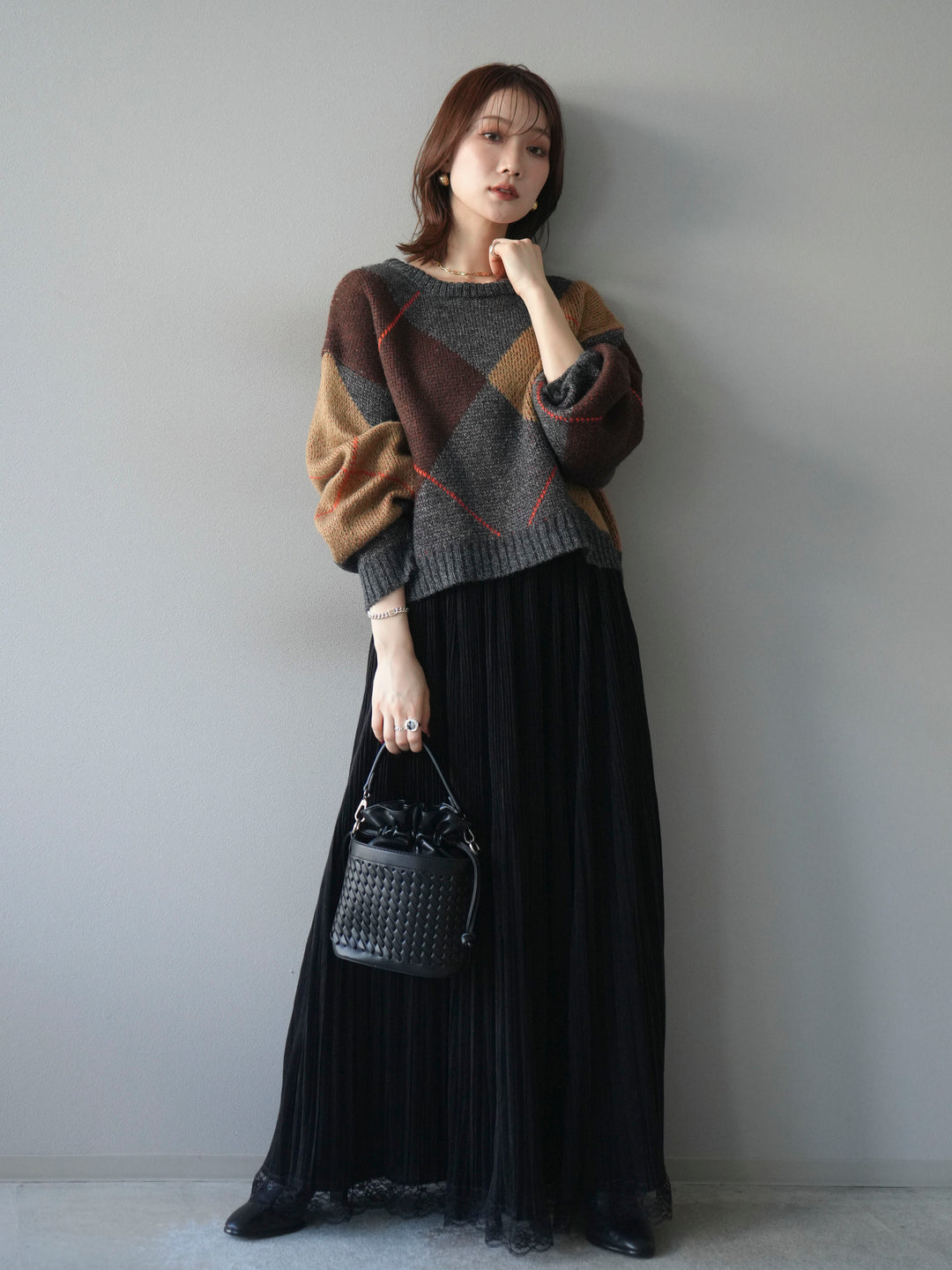 [SET]配色ステッチアーガイル柄ニットプルオーバー+裾レーススウェードプリーツマキシスカート(2set)