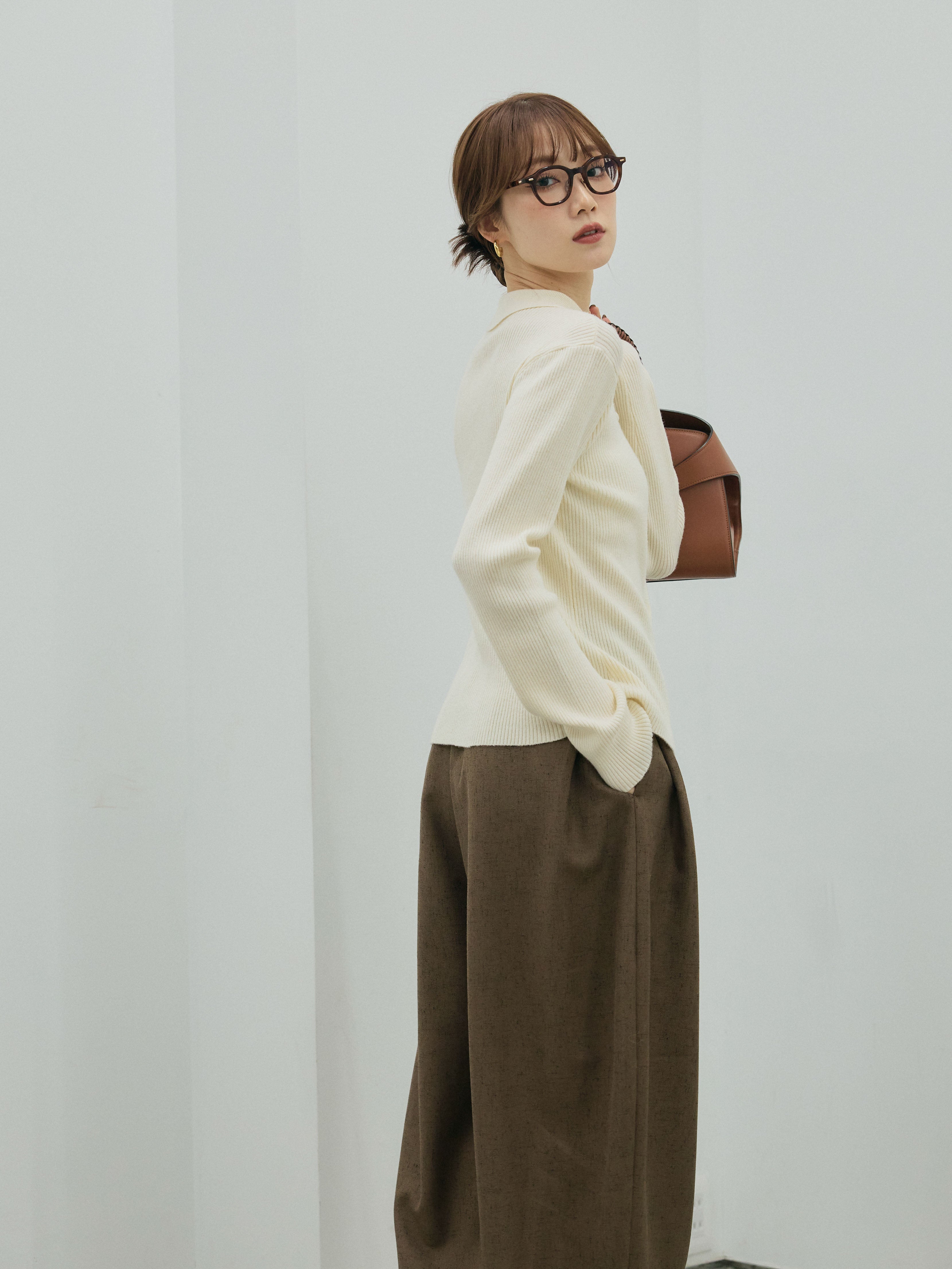 Allure】[SET]くるみボタンポロリブニットトップス+モックスカルゼ