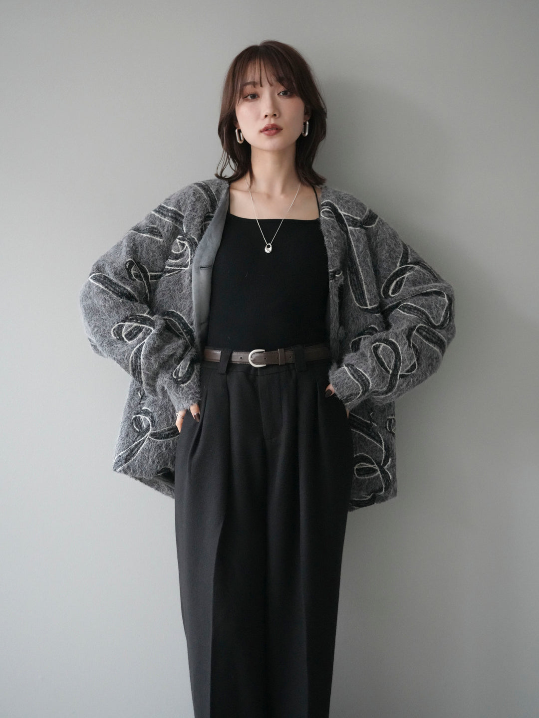 [予約]ニュアンス刺繍ブークレニットジャケット/gray