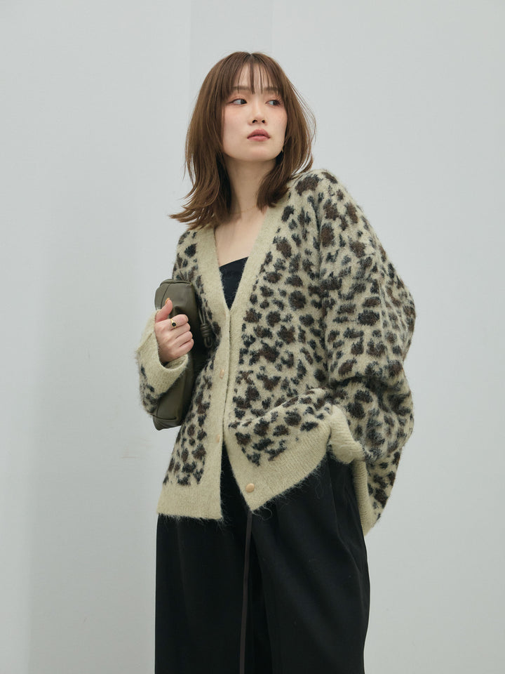 【Allure】[SET]レオパードシャギーニットカーディガン+コーデュロイタックワイドパンツ(2set)