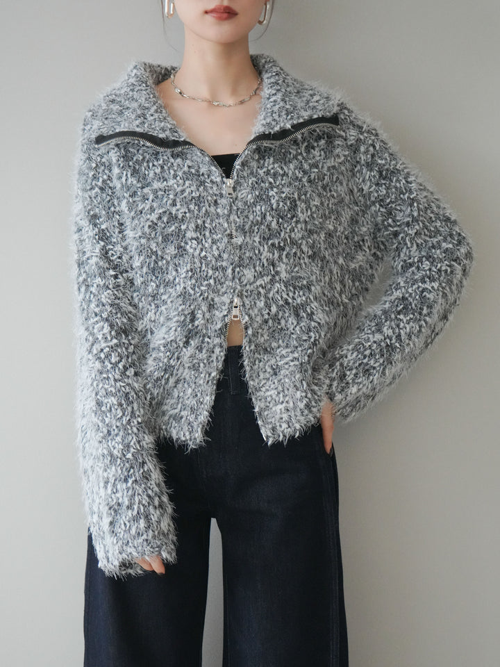 [予約]ミックスシャギージップニットカーディガン/black