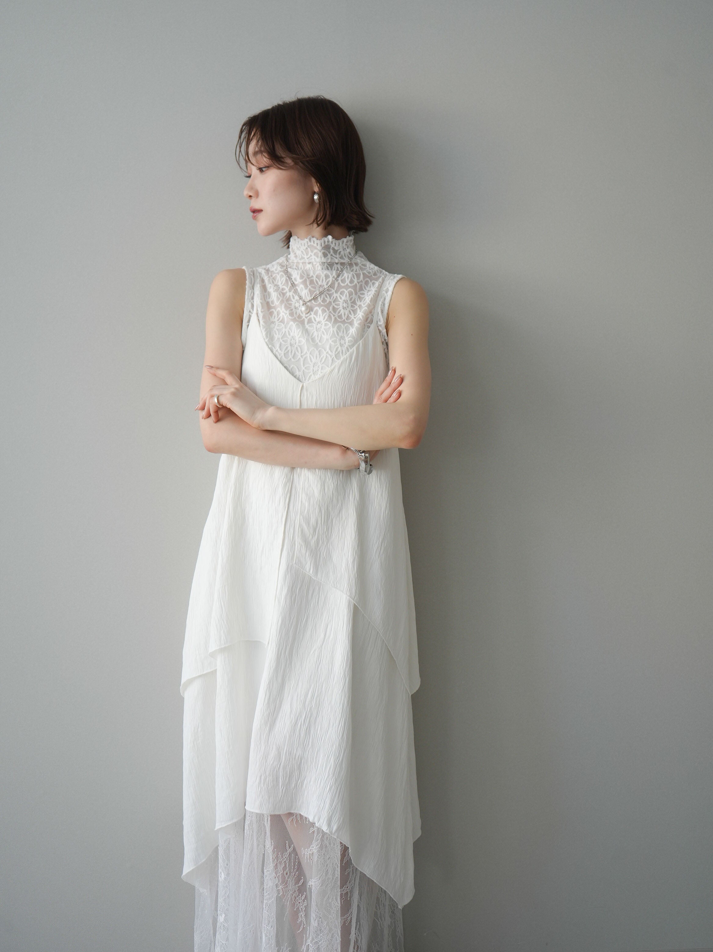 SET]レース切替アシンメトリーワンピース+ノースリーブプチネック