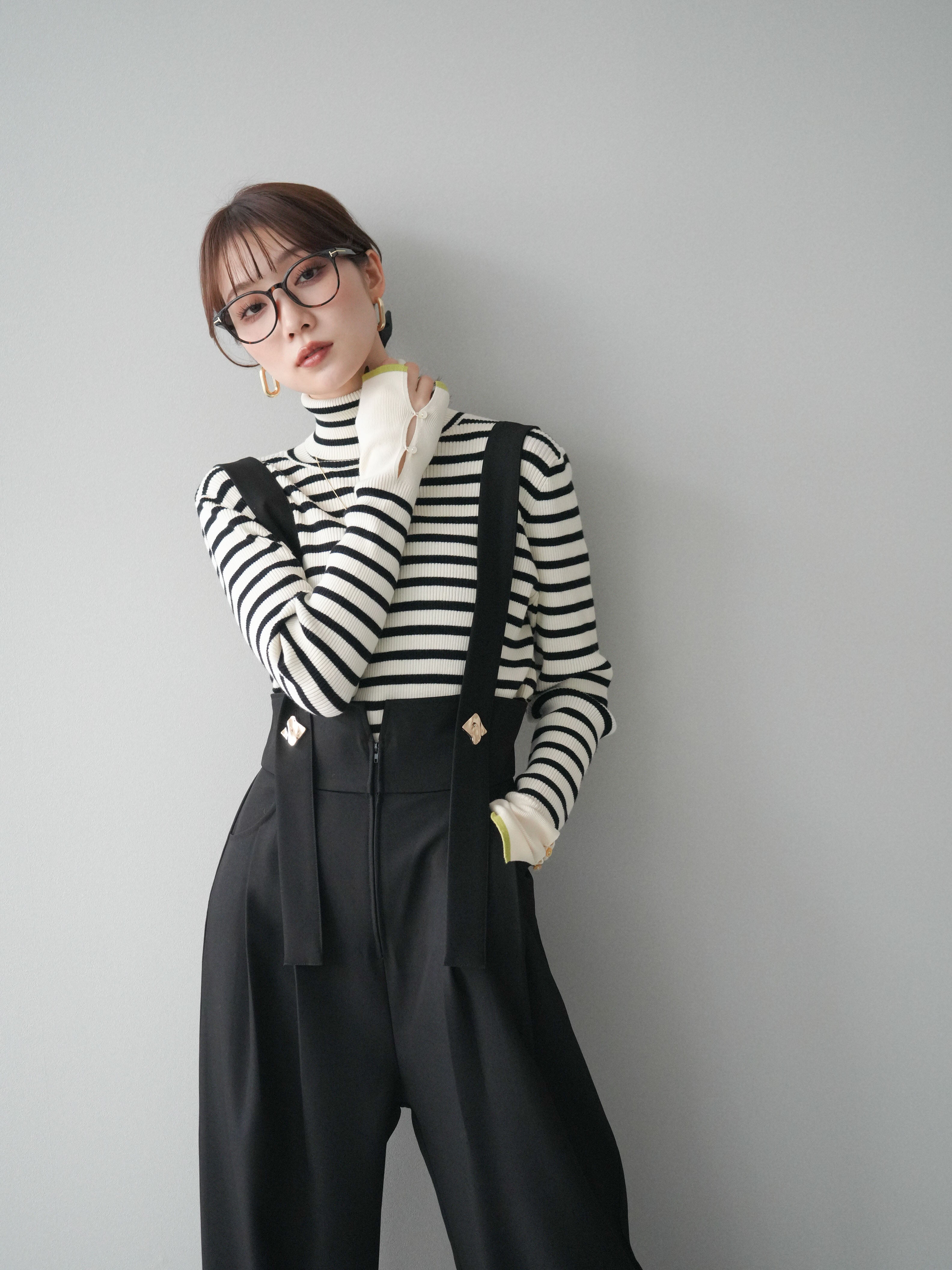 予約]袖配色ハイネックボーダーリブニットトップス/ivorybordergreen