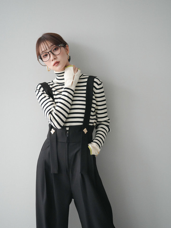 [予約]袖配色ハイネックボーダーリブニットトップス/ivorybordergreen