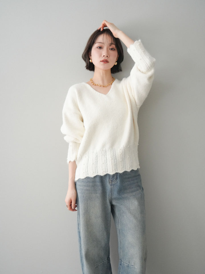 [SET]パールフリルリブヘムニットプルオーバー+選べるアクセセット(2set)