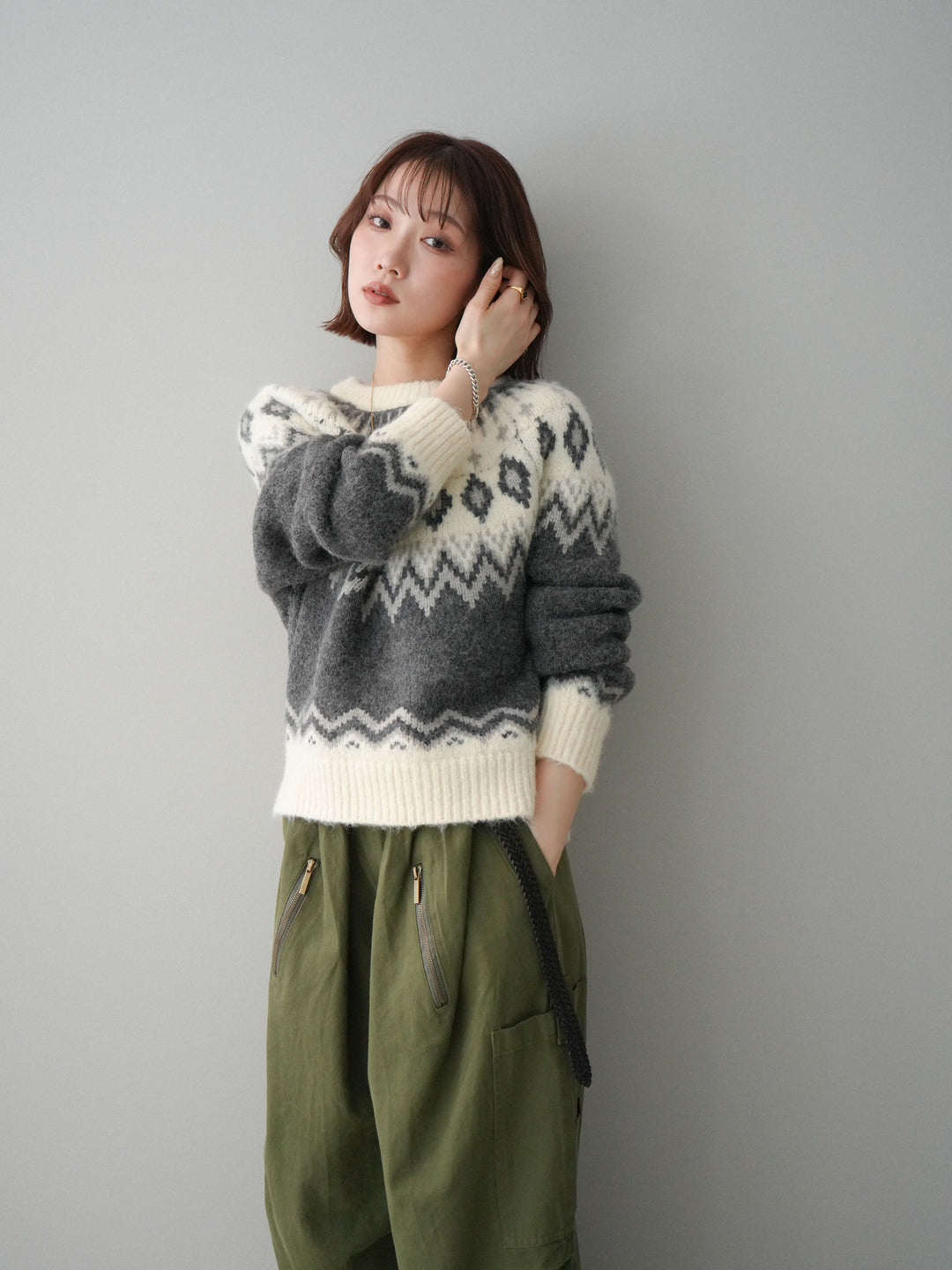 [予約]ノルディック柄ニットプルオーバー/gray