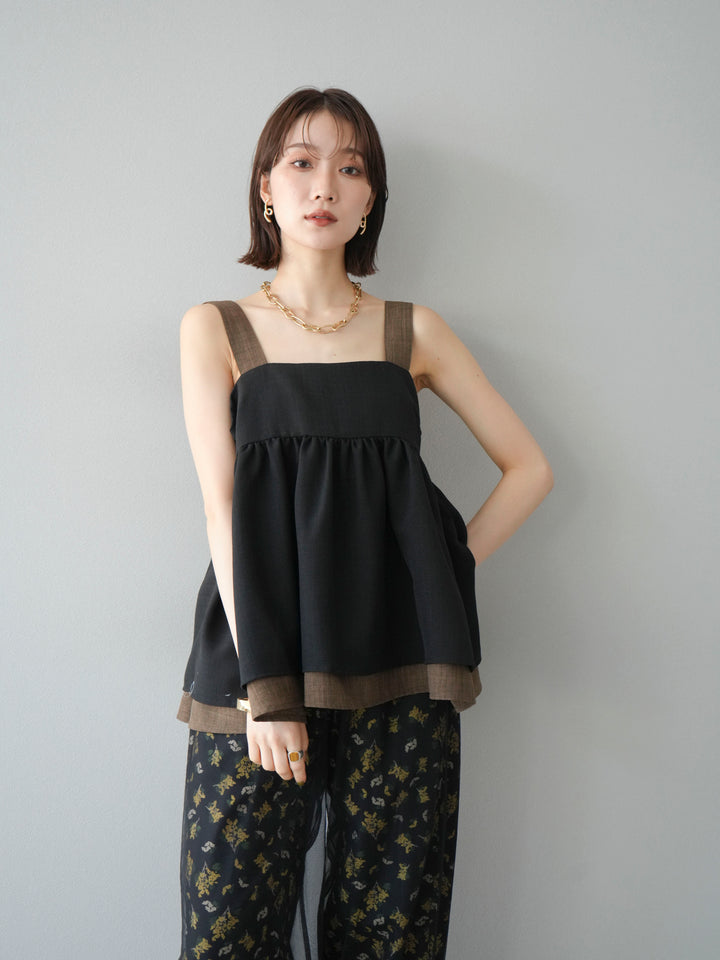 [SET]リネンライク配色フレアタンクトップ+コード刺繍チュールレイヤードパンツ+ブーケプリントタックパンツ(3set)
