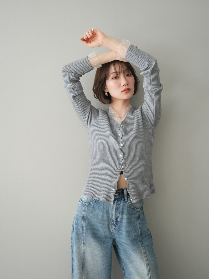 [SET]チュールドッキングパールボタンニットカーディガン+選べるアクセセット(2set)