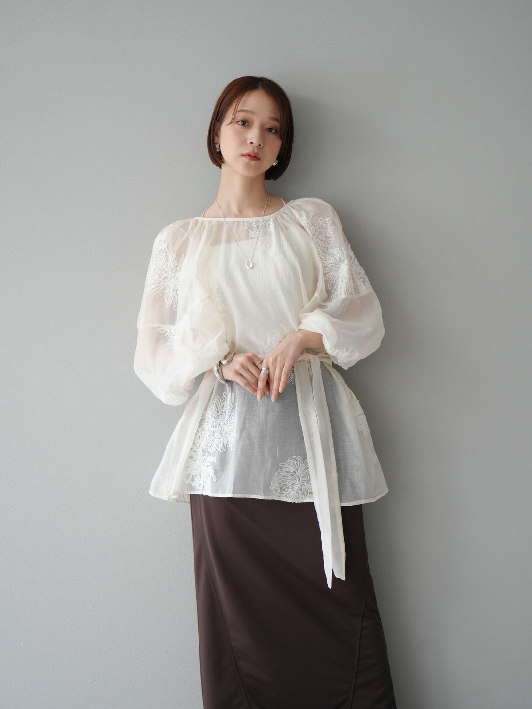 [SET]刺繍シアーバルーンスリーブブラウス+スウェットロングスカート(2set)