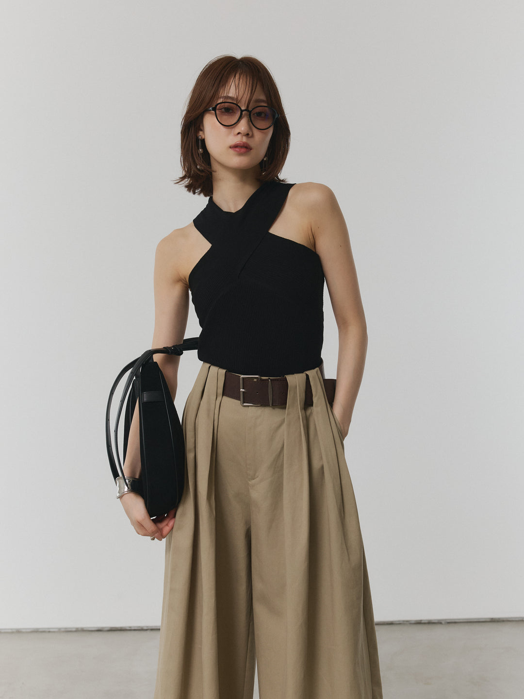 【Allure】[SET]クロスリブニットタンクトップ+ベルト付ダブルループワイドパンツ(2set)