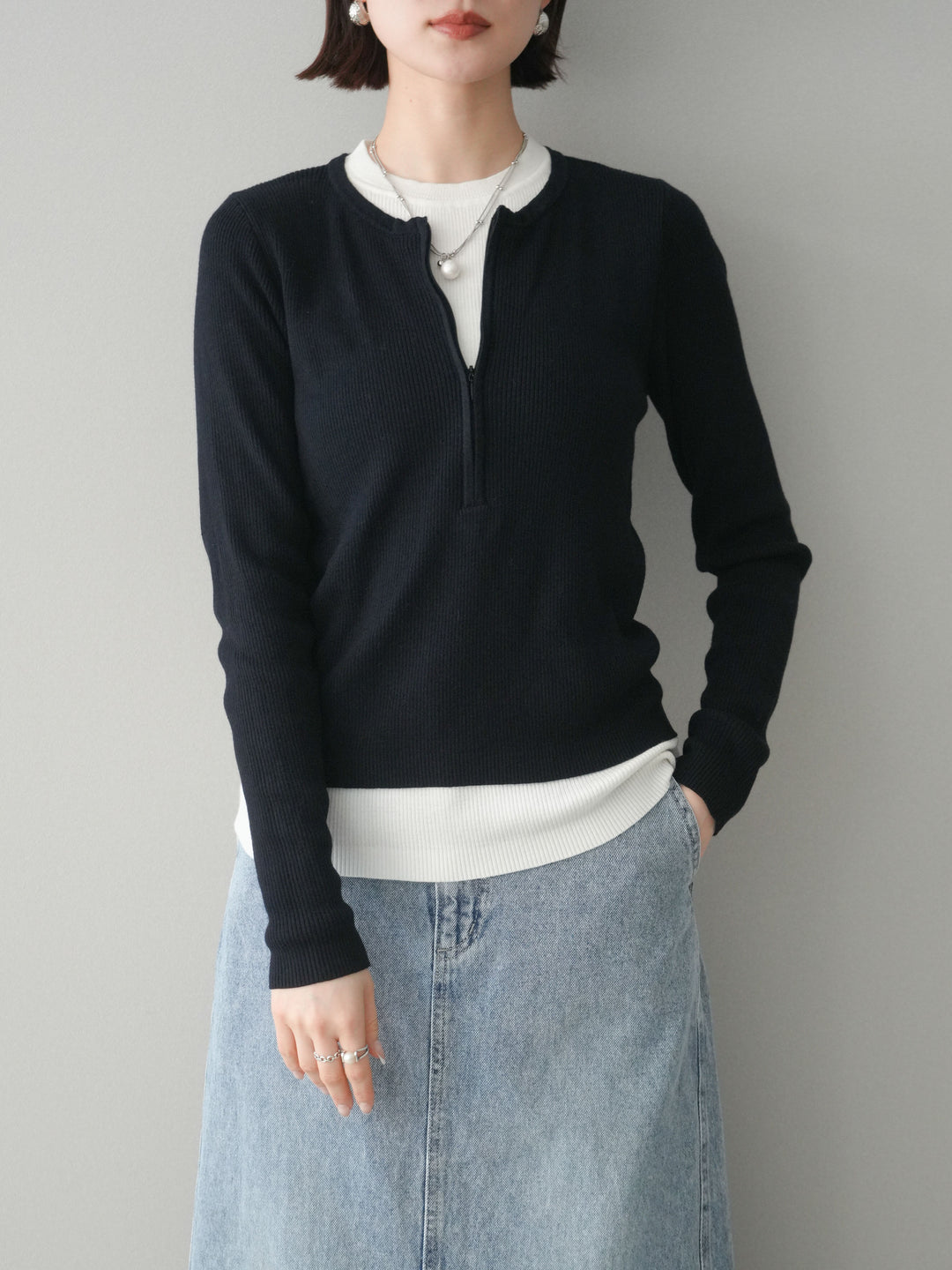 [予約]フロントジップ配色レイヤードニットトップス/navy
