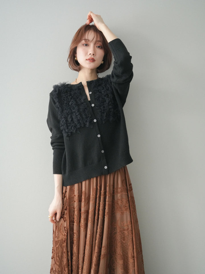 [SET]チュールフリルニットカーディガン+アンティーク柄フロッキーマキシスカート(2set)