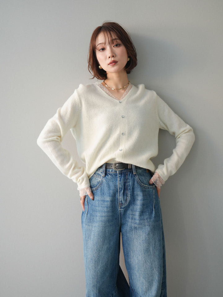 [SET]ドットチュールレイヤードボタンニットトップス+選べるアクセセット(2set)