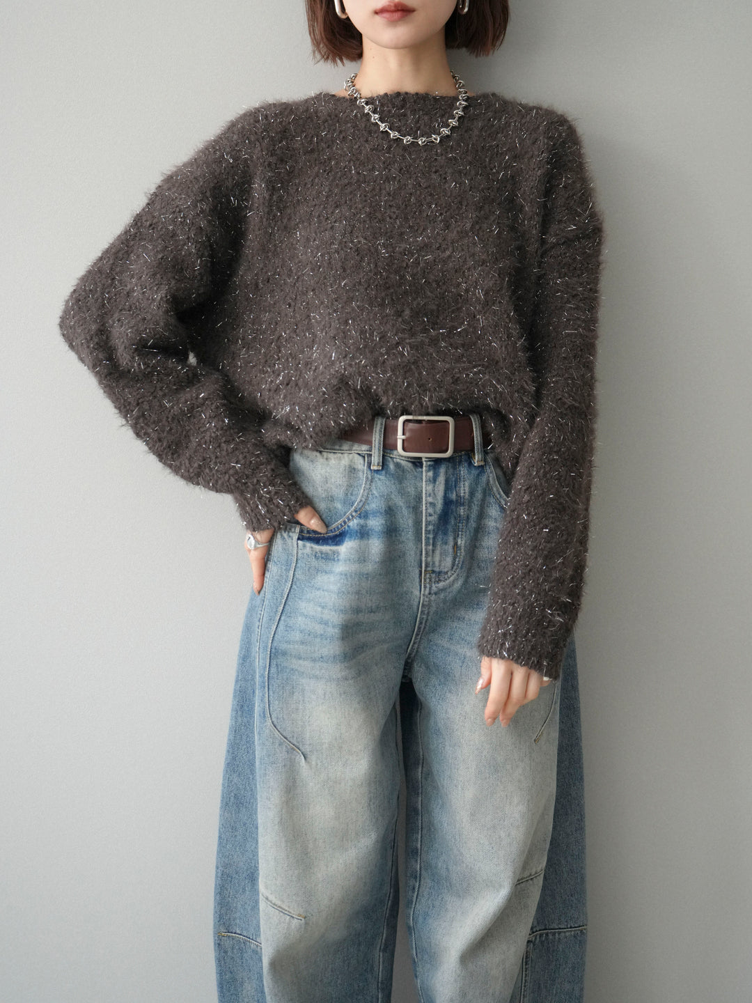 [予約]モールラメミックスヤーンニットプルオーバー/brown