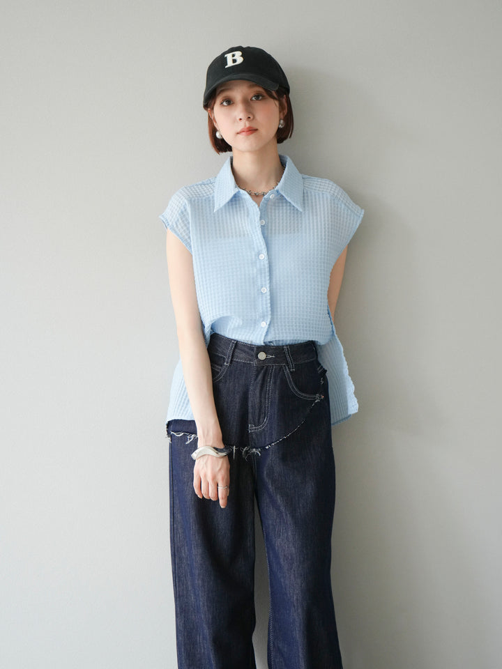 [SET] 透視格紋無袖襯衫 + 臀部設計牛仔褲（2 套）