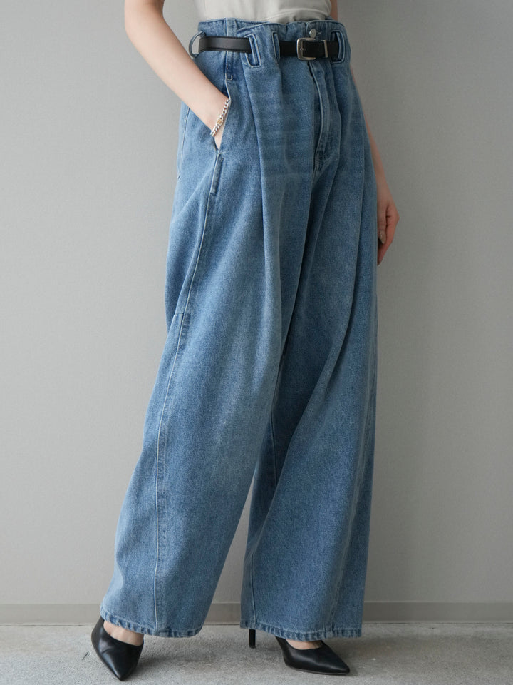 [予約]ハイウエストベルトループデザインデニムパンツ/blue