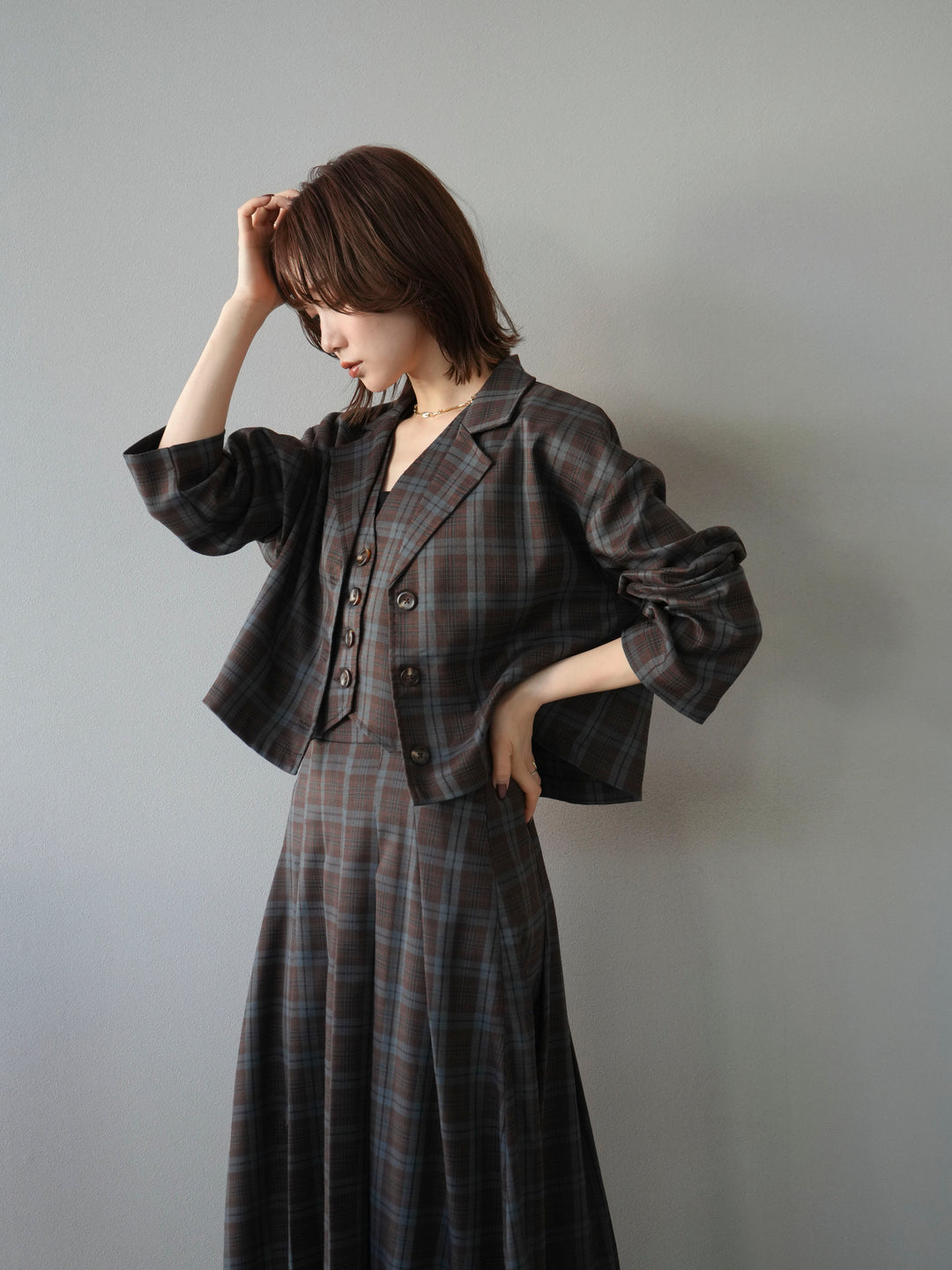 [予約]チェック柄ベスト/ブラウン