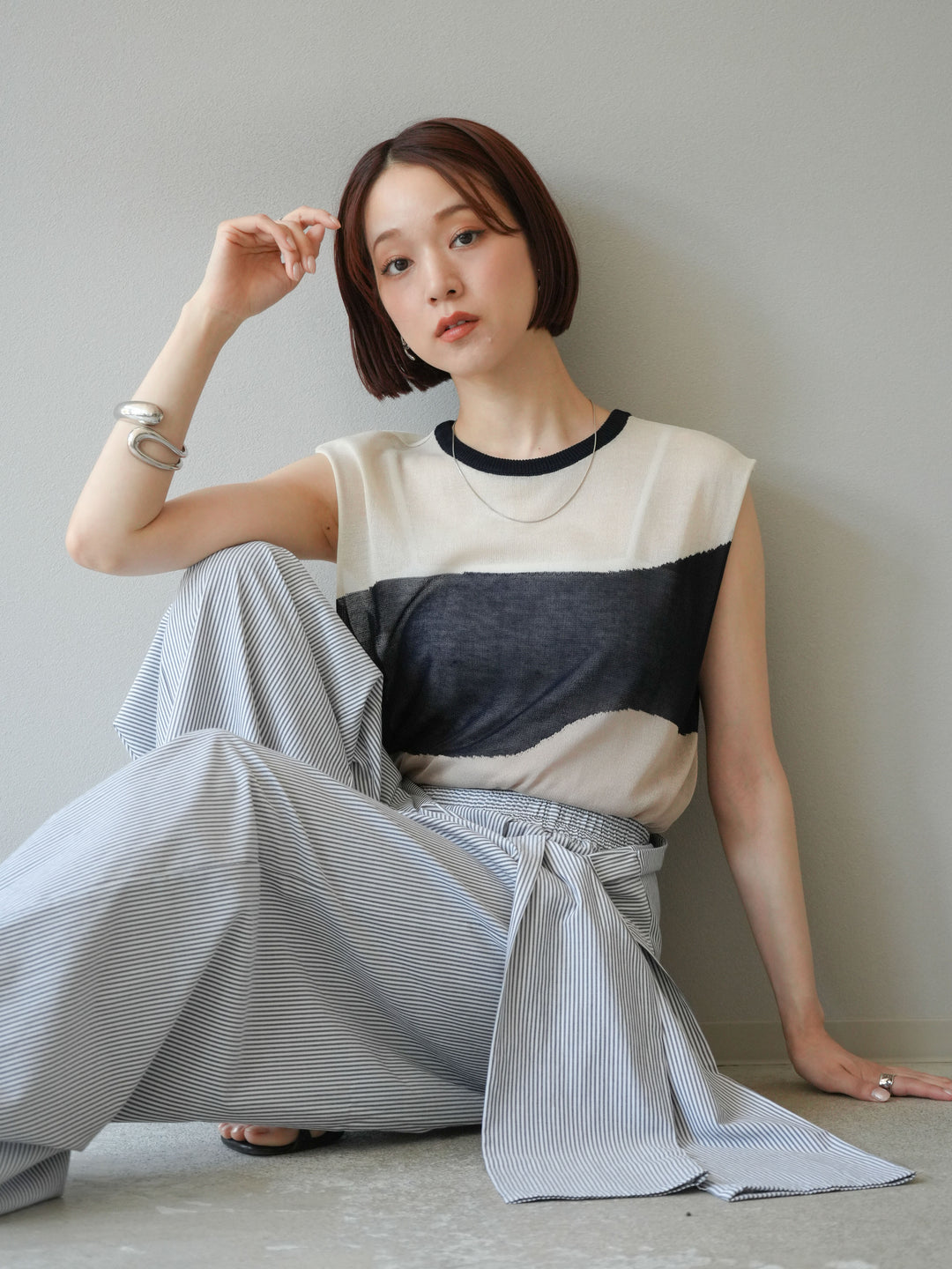 [予約]バイカラーノースリシアーニットプルオーバー/アイボリー