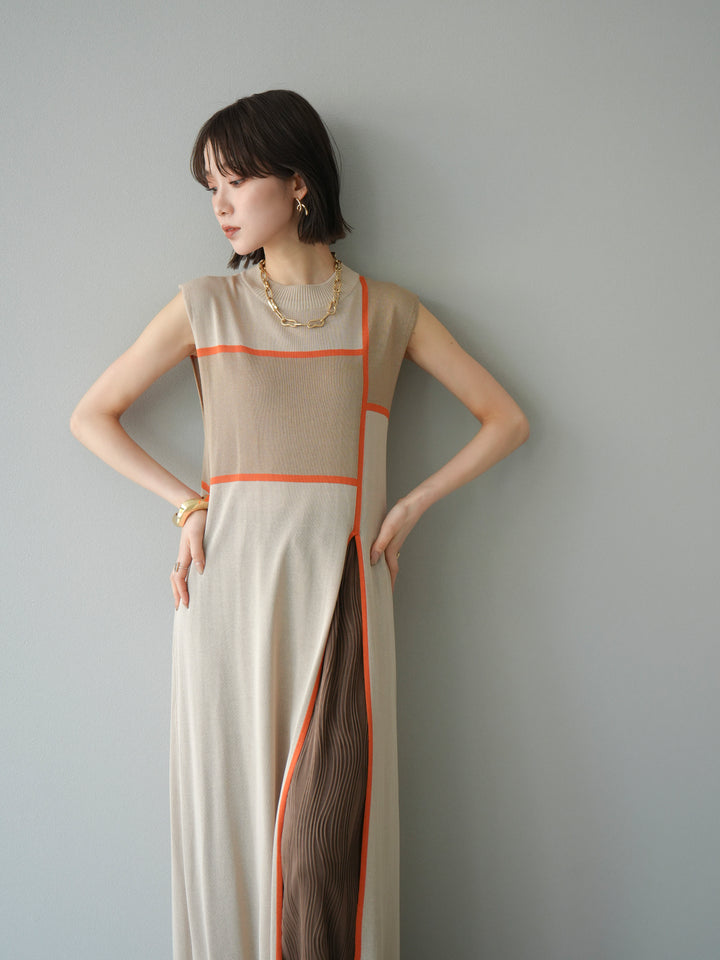 [SET] 配色開衩針織洋裝 + 波浪滾邊休閒褲 (2件套)