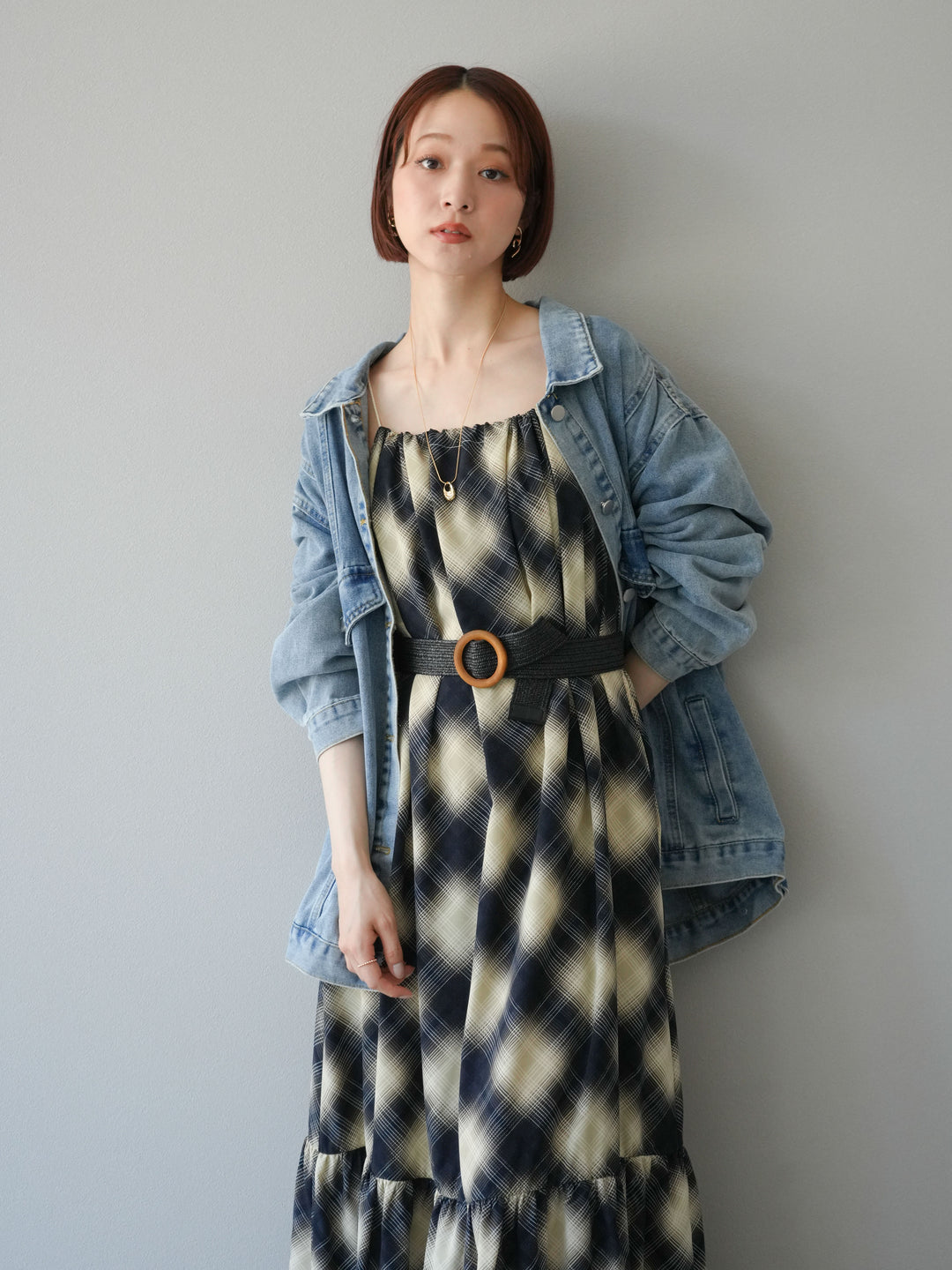 [SET]ベルト付チェックノースリーブワンピース+ビンテージデザインBIGデニムジャケット(2set)