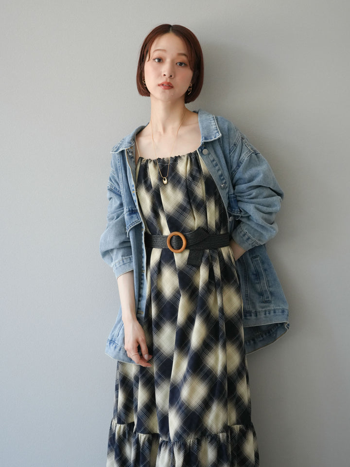 [SET]ベルト付チェックノースリーブワンピース+ビンテージデザインBIGデニムジャケット(2set)