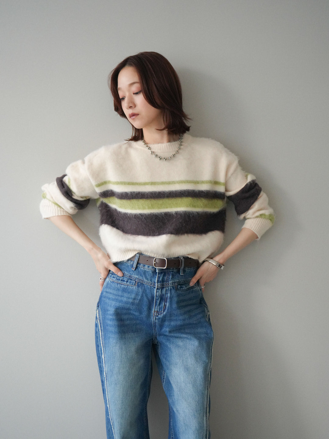 [SET]ソフトタッチボーダークロップドニットプルオーバー+サイドフリンジワイドデニムパンツ(2set)