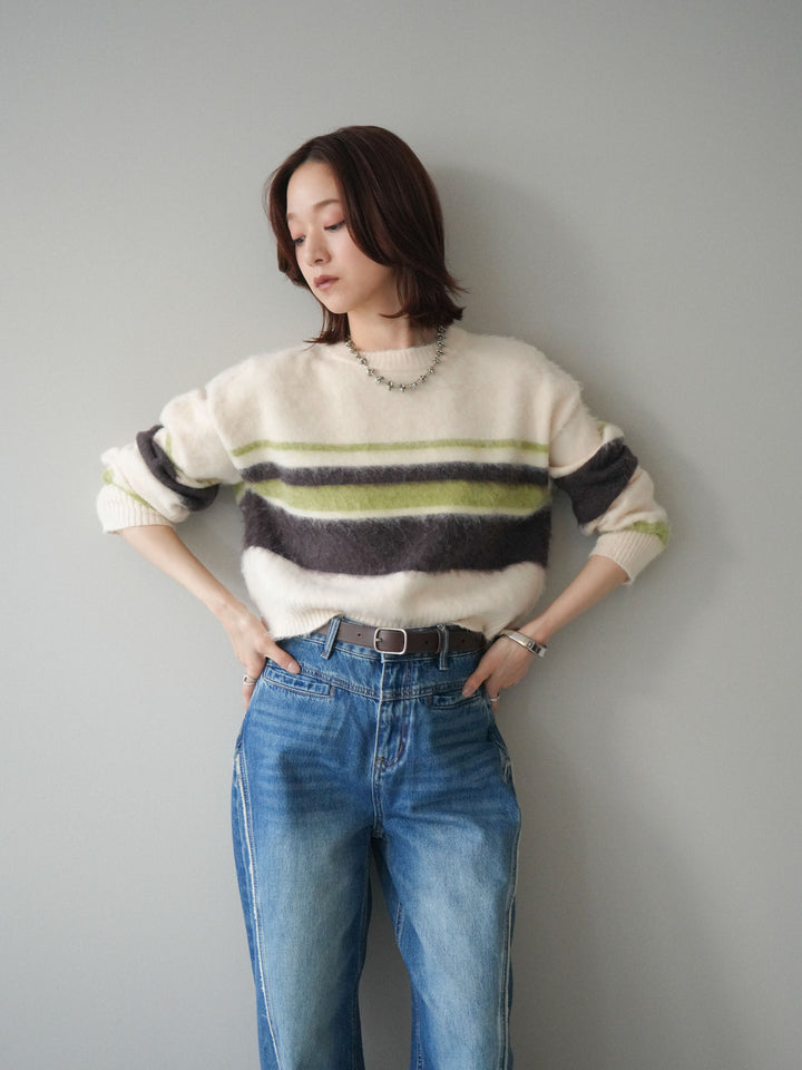 [SET]ソフトタッチボーダークロップドニットプルオーバー+サイドフリンジワイドデニムパンツ(2set)