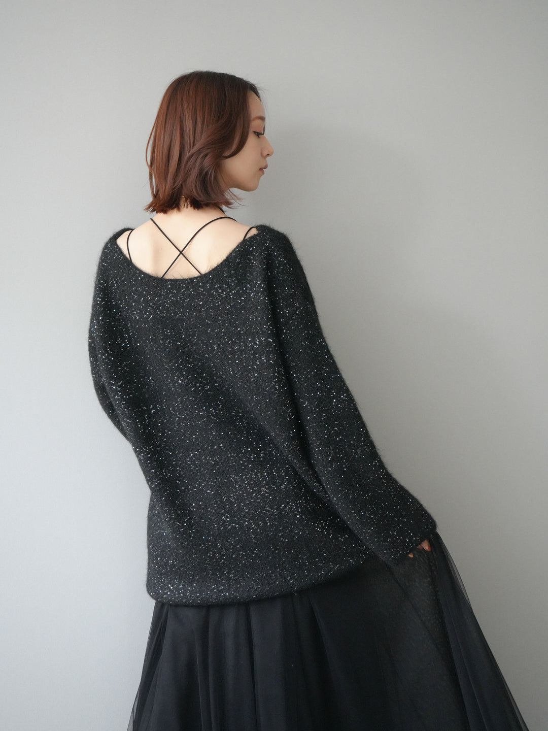 [予約]スパンコールミニシャギーニットチュニック/black