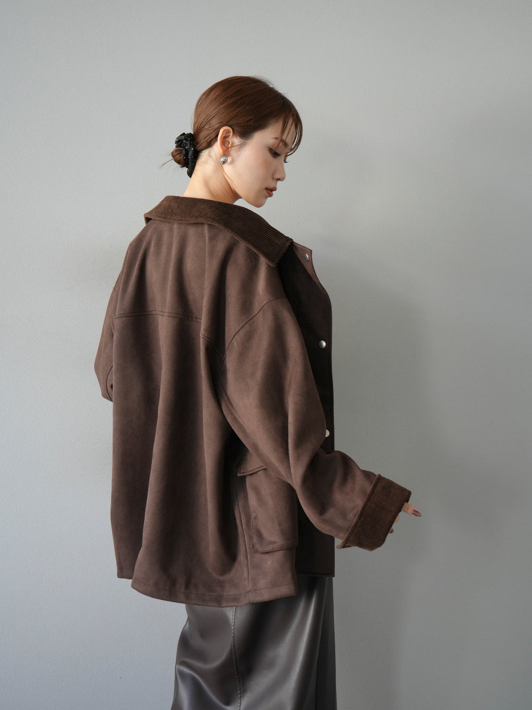 [予約]コーデュロイ襟スウェードミドルジャケット /ブラウン