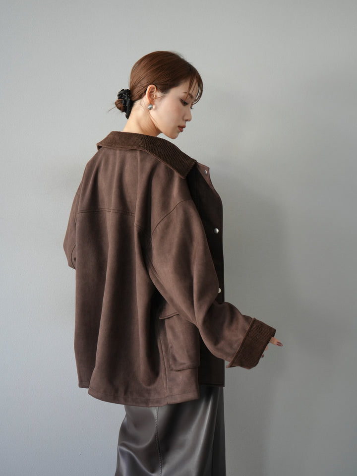 [予約]コーデュロイ襟スウェードミドルジャケット /ブラウン