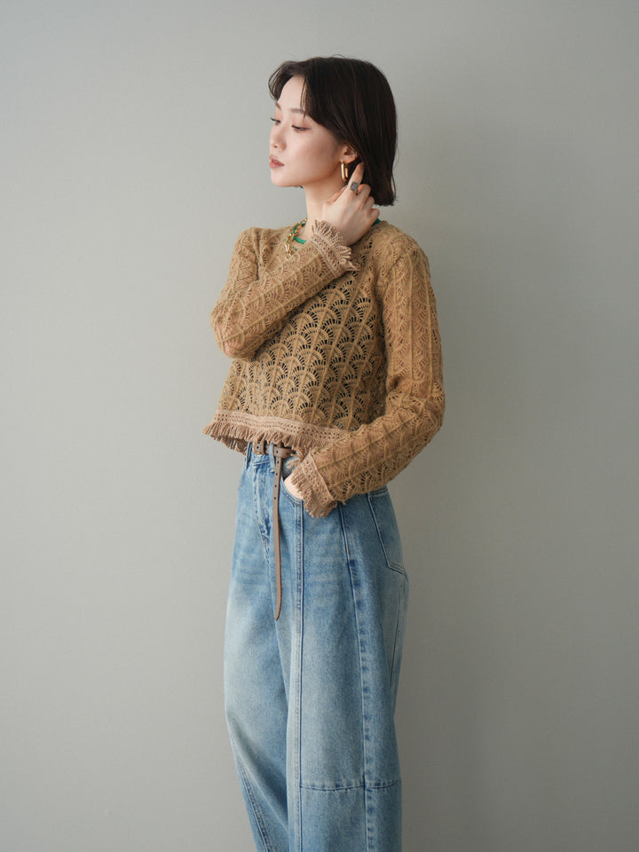 [予約]扇透かし編みクロップドニットプルオーバー/beige