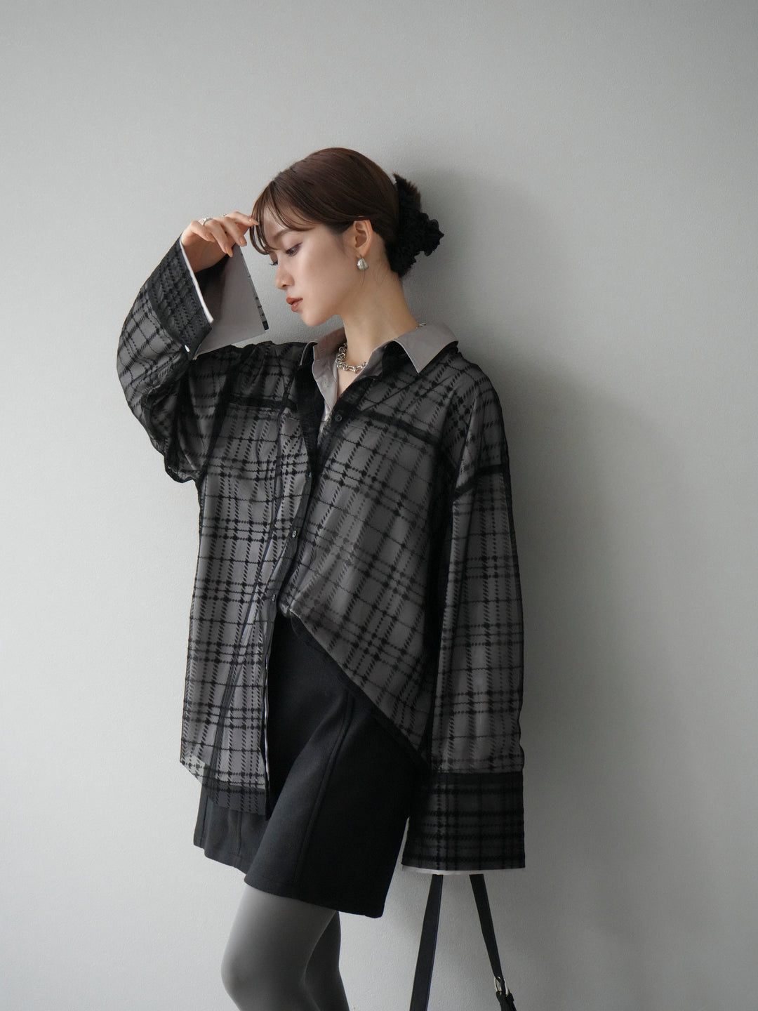 [予約]チェック柄チュールシャツアンサンブル/ブラック