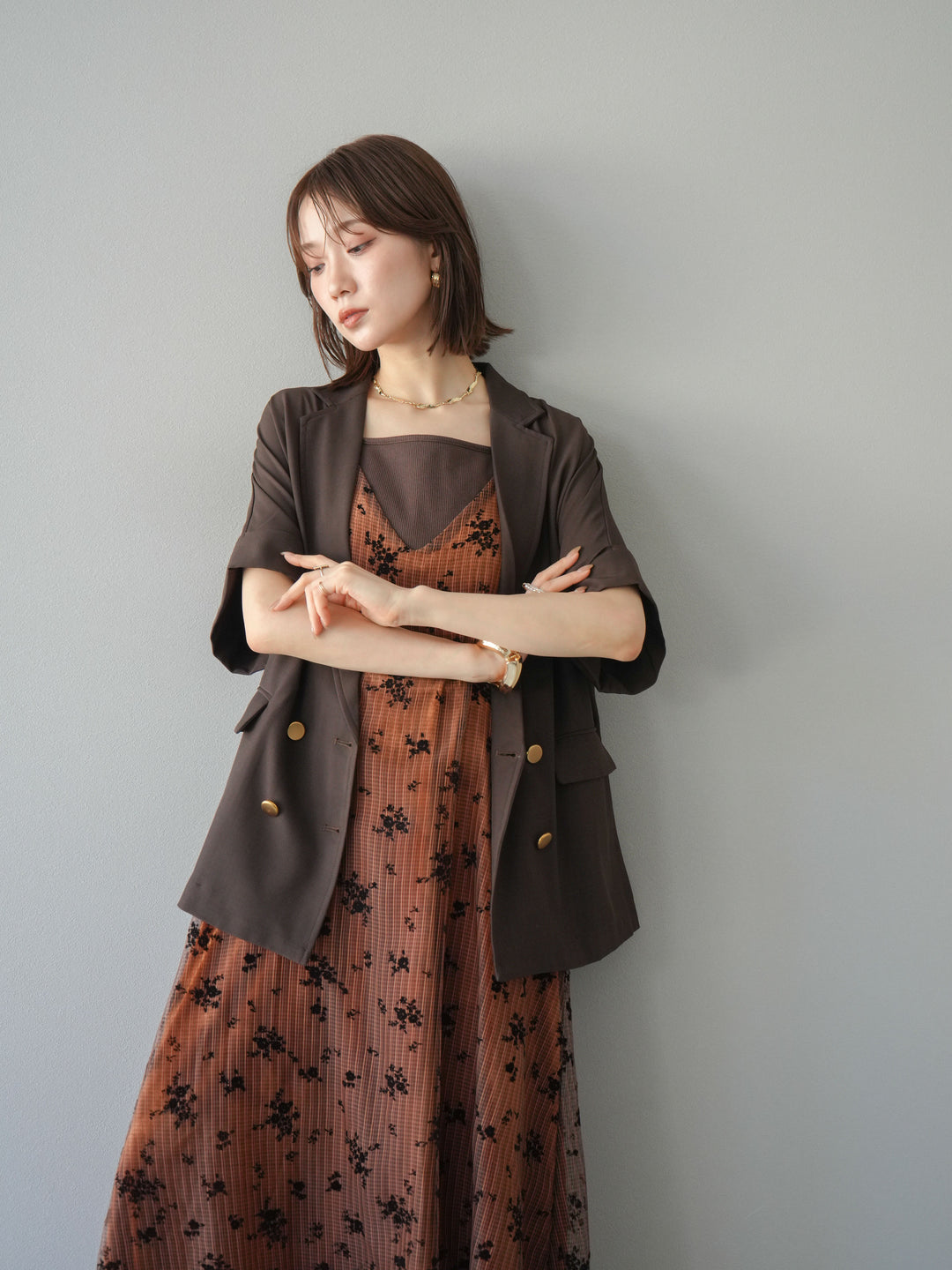 [套裝] 植絨薄紗層疊天鵝絨吊帶連身裙 + 金色紐帶半夾克 (2 套)