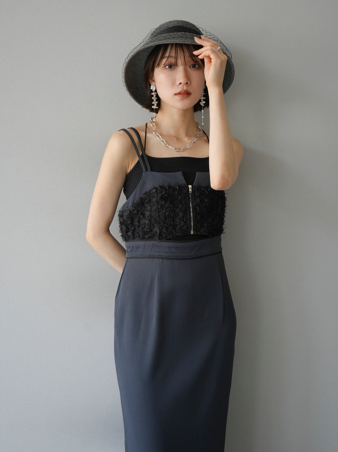 [Pre-order] Jacquard bustier design dress/charcoal