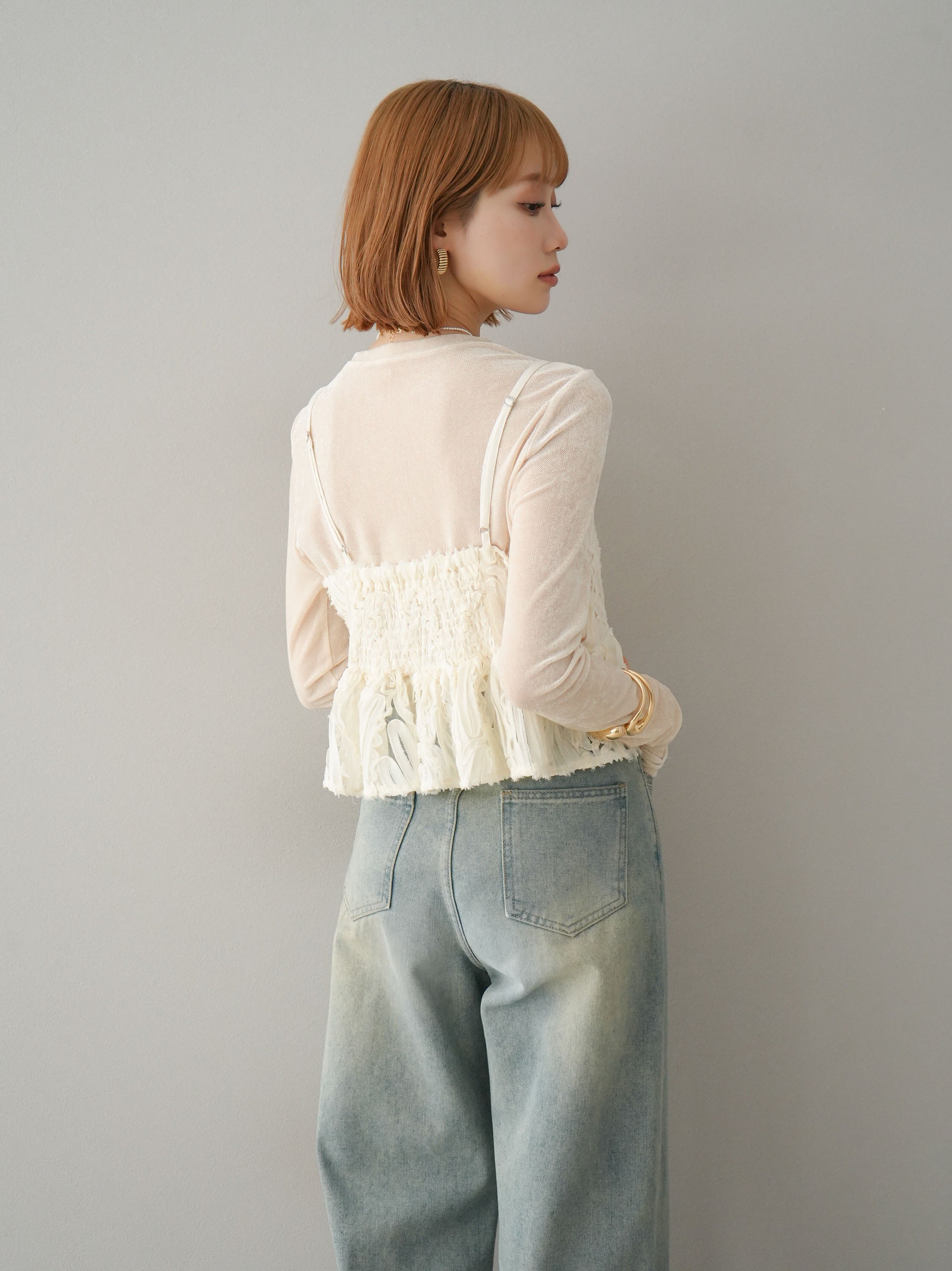 SET]ジャガードラインレースキャミソール+シアーベロア