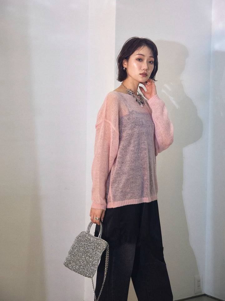 【Allure】[SET]モヘアタッチ透かし編みボートネックニットプルオーバー+モヘアタッチ透かし編みボートネックニットプルオーバー(2set)