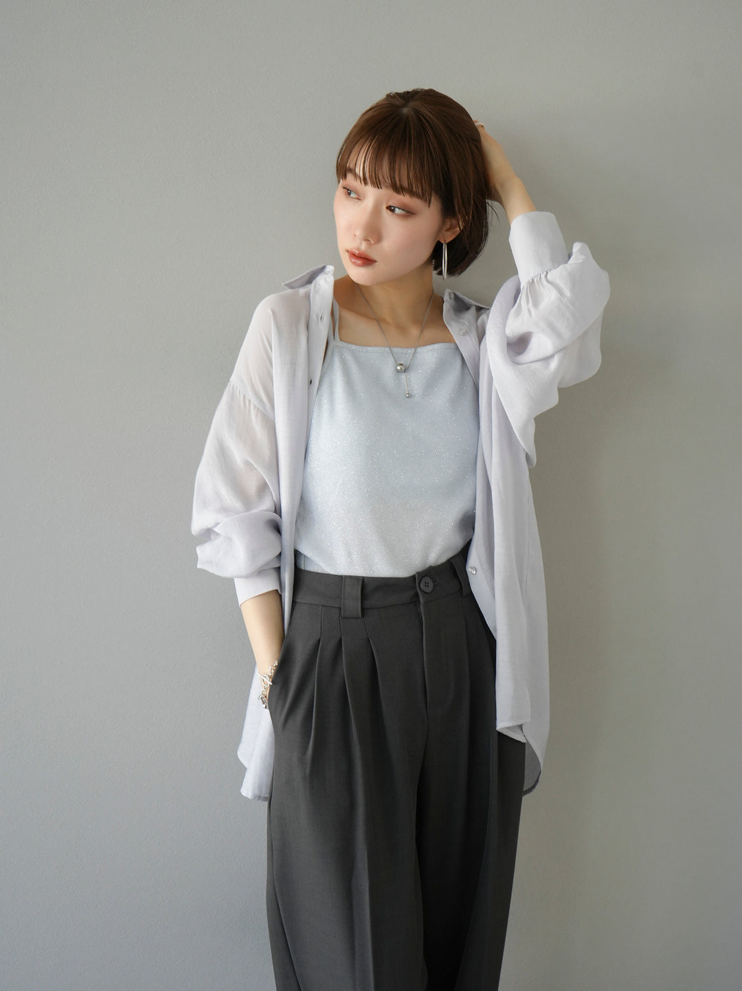 【預訂】捲袖透明套衫/淺灰色