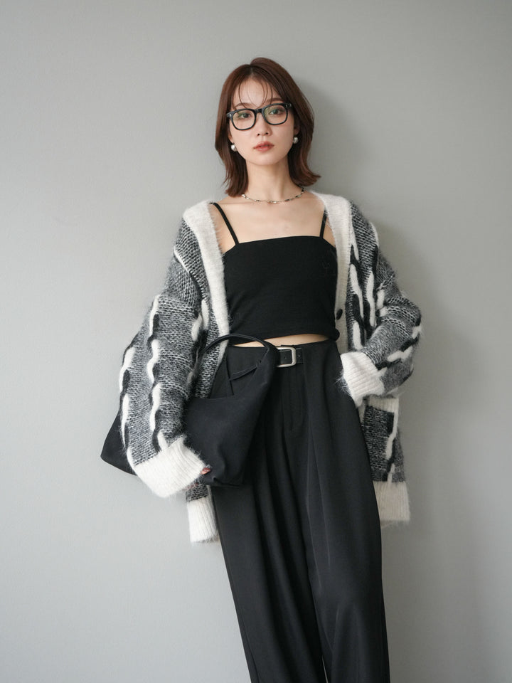 [SET]バイカラー編み込みデザインニットカーディガン+ベルトループデザインワイドパンツ(2set)