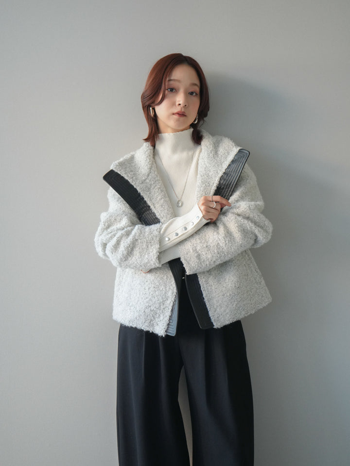 [SET]レザー切替ブークレブルゾン+袖ボタンボトルネックリブニットトップス+アニマル柄ベルト付きウールタッチワイドパンツ(3set)