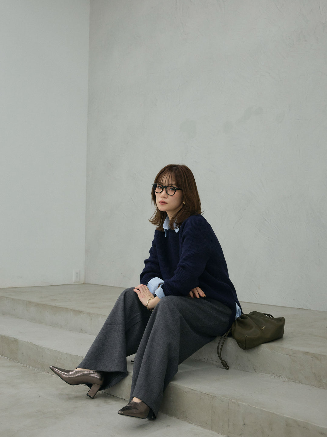 [予約]サイドスリット畦編みニットプルオーバーシャツアンサンブル/navy