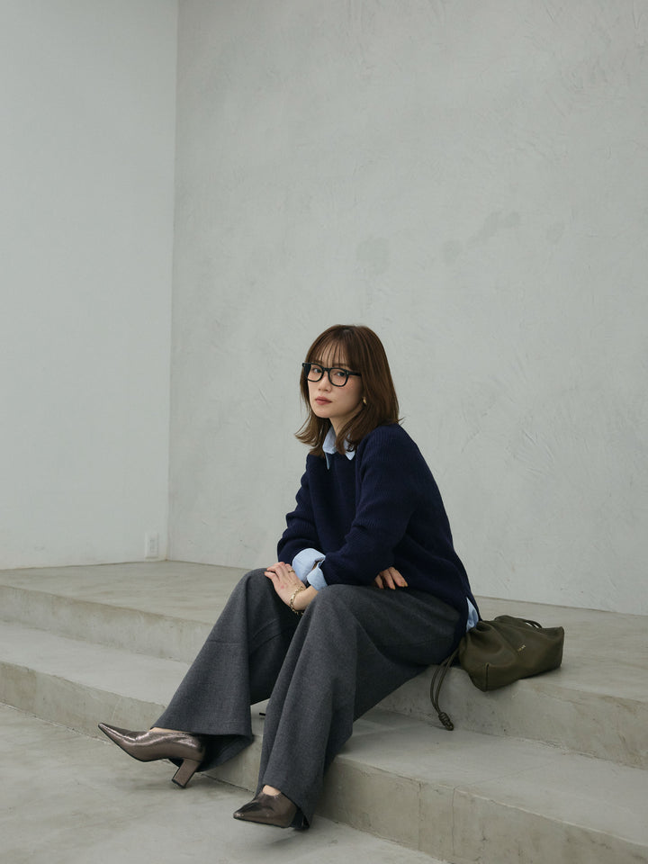 [予約]サイドスリット畦編みニットプルオーバーシャツアンサンブル/navy